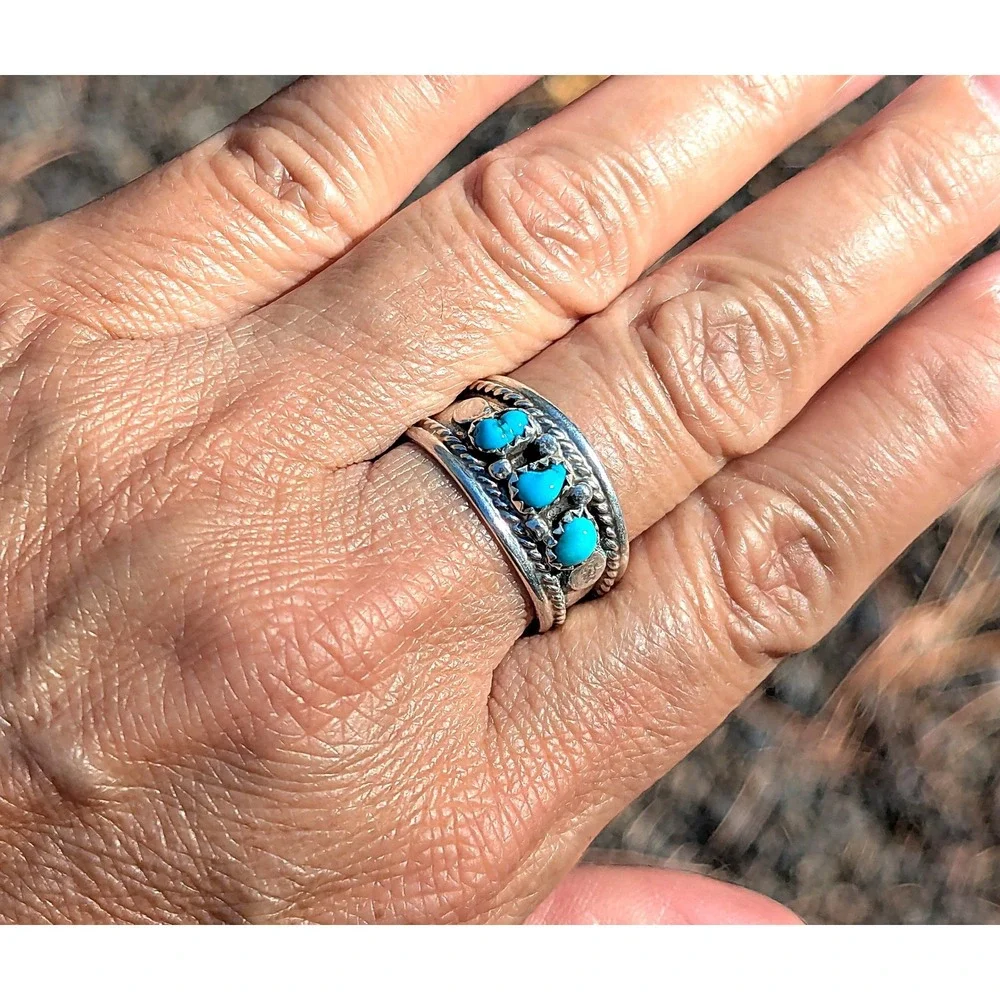 Native American 3-Stone Band Turquoise Ring Sterling Silver Jewelry Sz 10.25US**